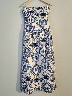 Band of the Free Blue and White Floral Cotton Strapless Dress Size Medium